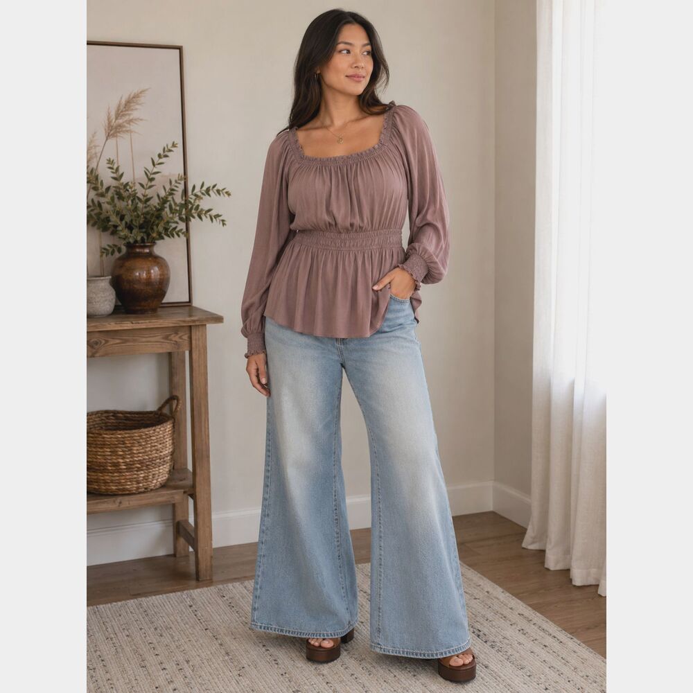 Torrid Smocked Peplum Blouse Square Neck Long Sleeve Taupe Plus Size 4X NWT